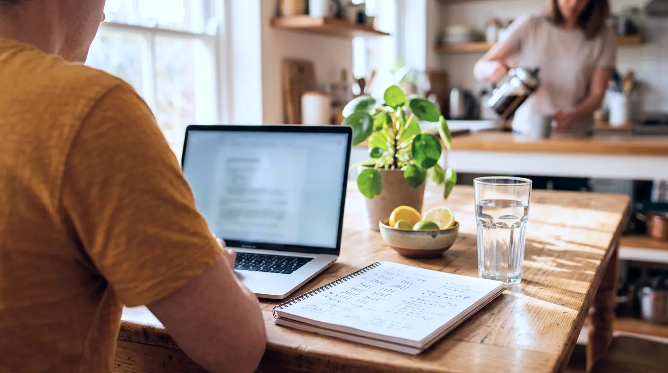 Over-the-shoulder view of a freelancer at a sunny kitchen table working a scaled side income stack