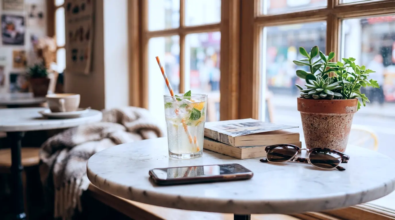 Sunny cafe table with a face-down phone and books representing a careful check before trusting a money app