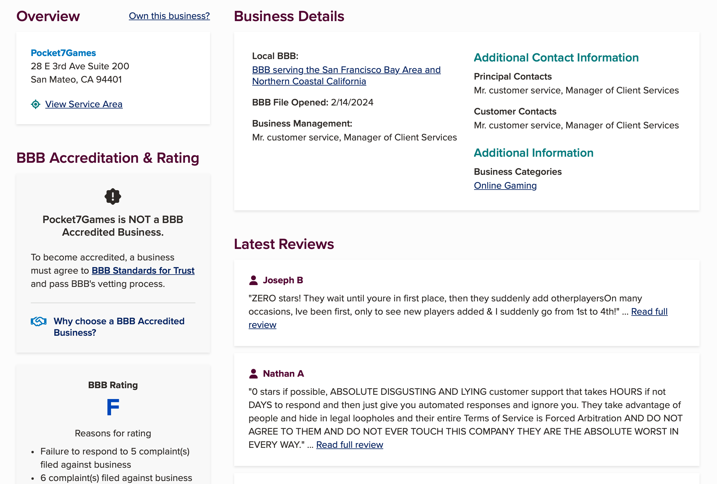 Pocket7Games (AviaGames) Better Business Bureau profile page showing business details, non-accredited status, customer reviews, and complaint summary.