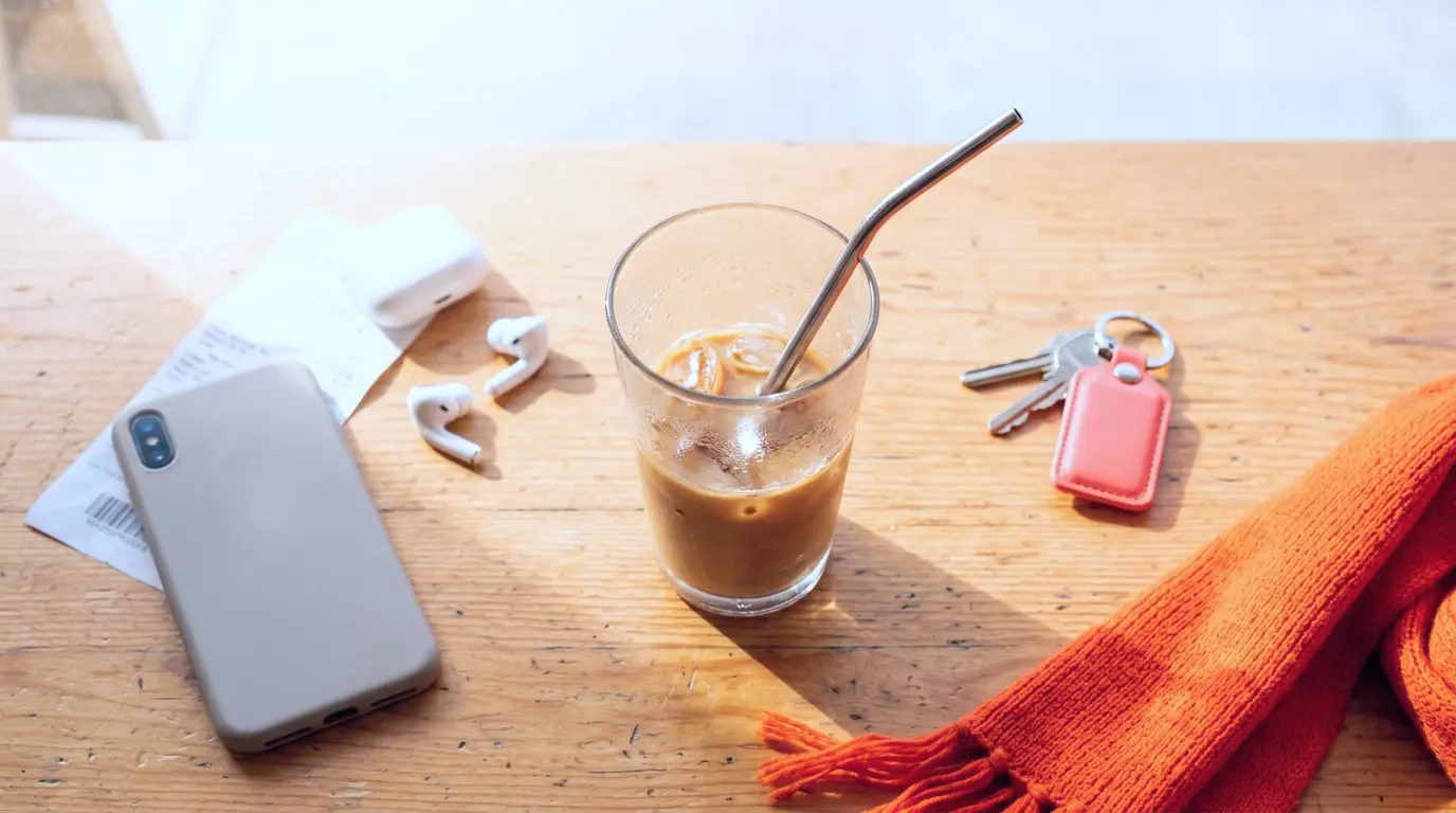 Flat lay of a phone, iced coffee, and receipt on a sunny cafe table during a casual break