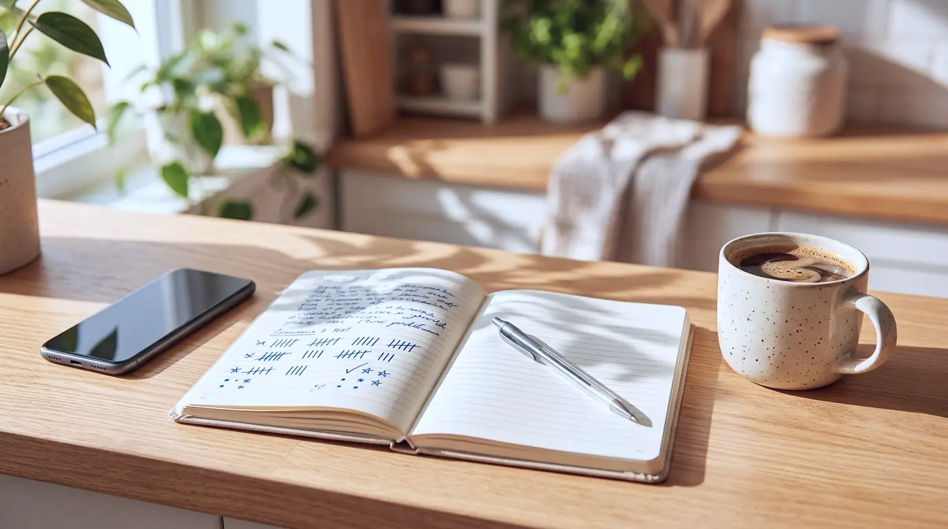 Hand picking up a pen next to a notebook and coffee tracking daily earnings from a side income stack