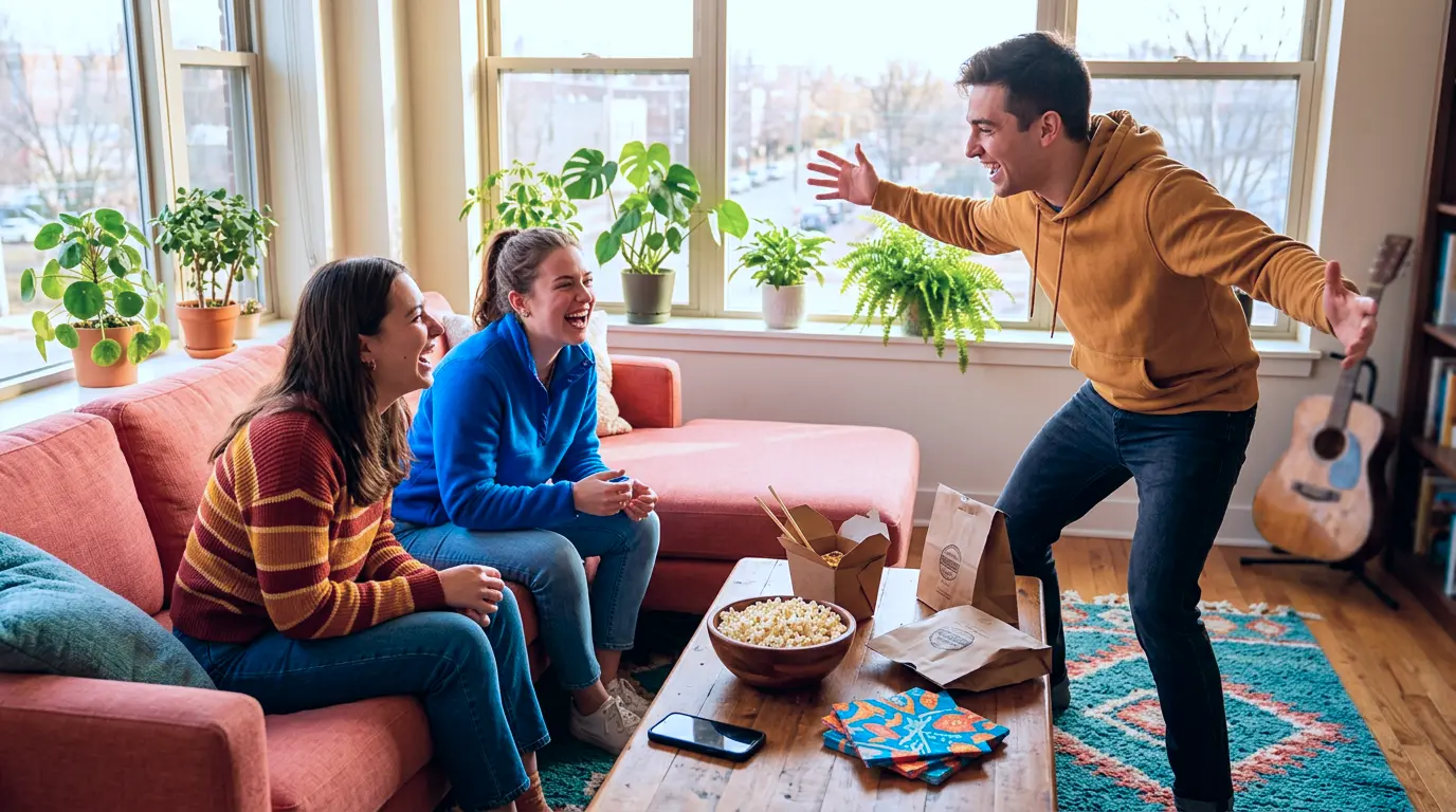 Three friends laughing together in a bright living room with takeout, the social payoff of earning with gaming rewards