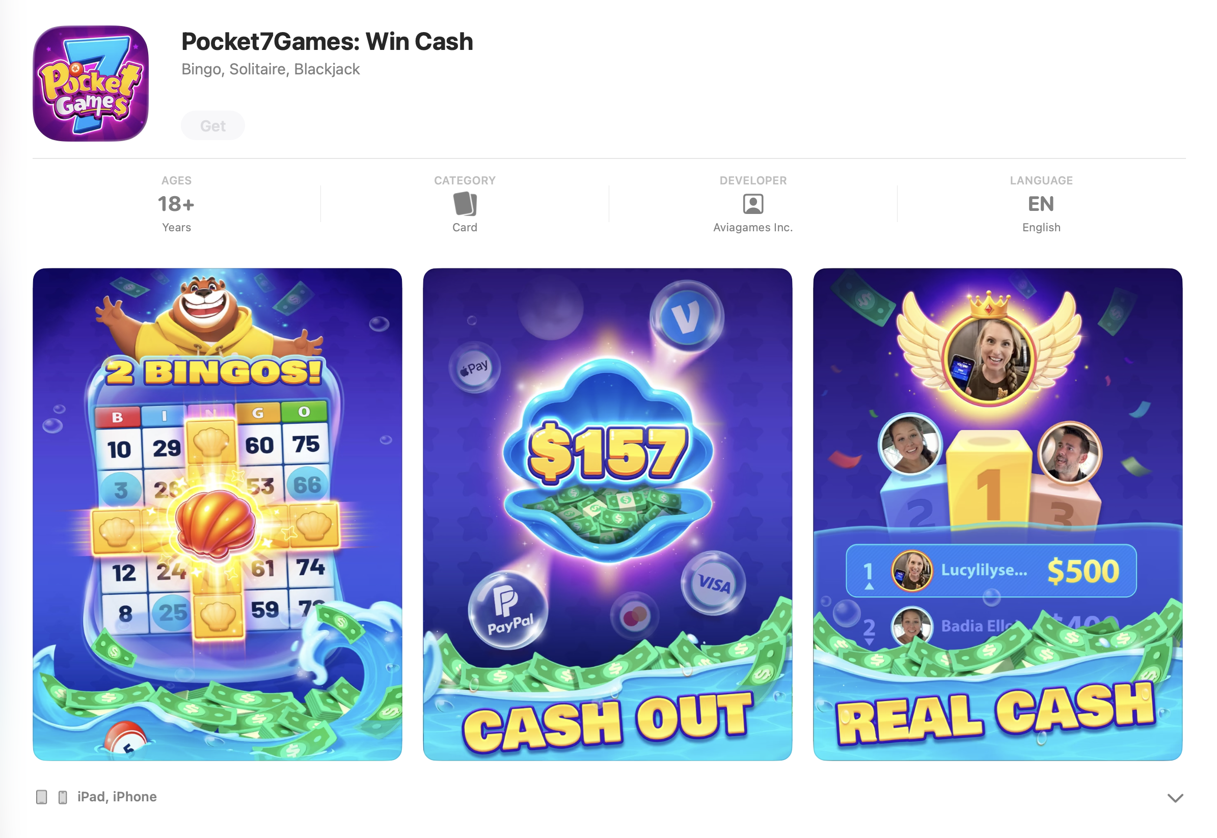 Pocket7Games App Store listing showing app name, star rating, user reviews, preview images of gameplay, and download information.